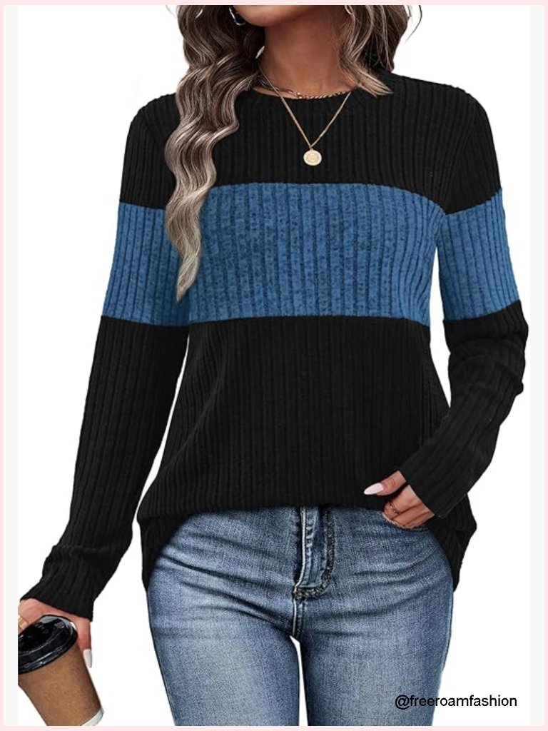 Color Block Long Sleeve Pullover Sweater Fall Fashion